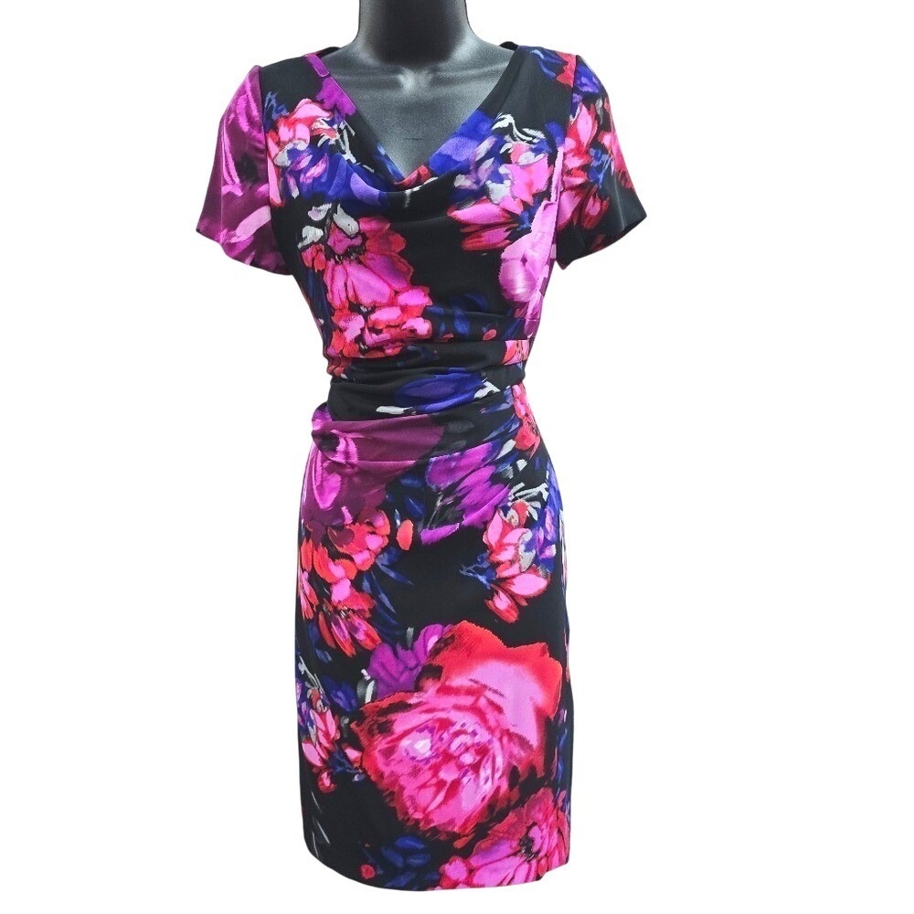 Adrianna‎ Papell Women Pink Purple Floral Cowl Neck Ruched Sheath Dress Size 4